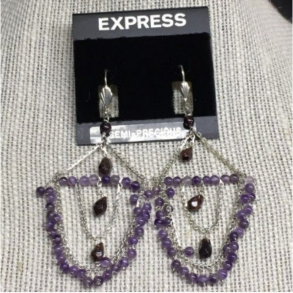 Express Chandelier Pierced Earrings Dangle Purple Silver Semi Precious Stone